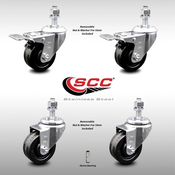 Service Caster 3.5 Inch SS Phenolic Swivel 12mm Threaded Stem Caster Total Lock Brake, 2PK SCC-SSTSTTL20S3514-PHS-M1215-2-S-2 - main